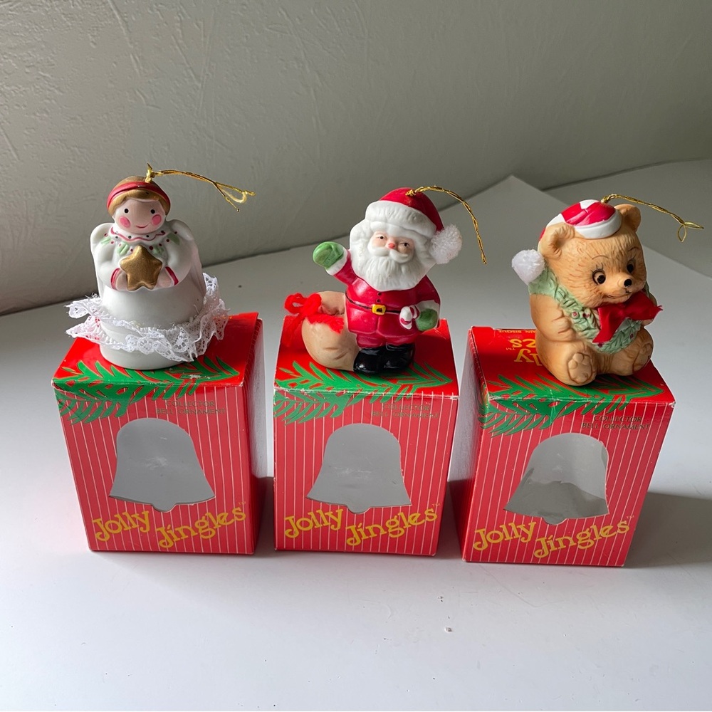80s Vintage Jolly Jingles Ceramic Christmas Bell Ornament Set Santa Snowman Bear